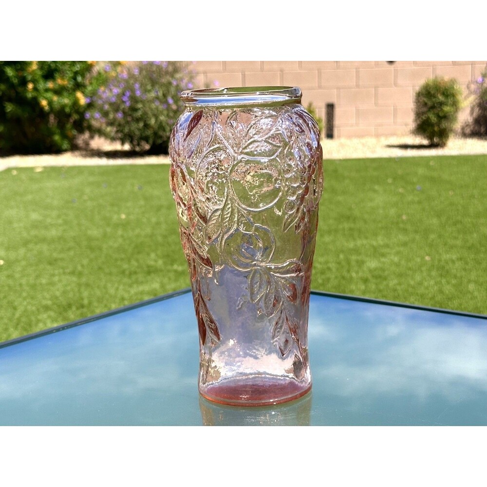 Vintage Indiana TIARA Pink Vase Embossed Fruit Grape Apple Lemon PATTERN 9 1/4"